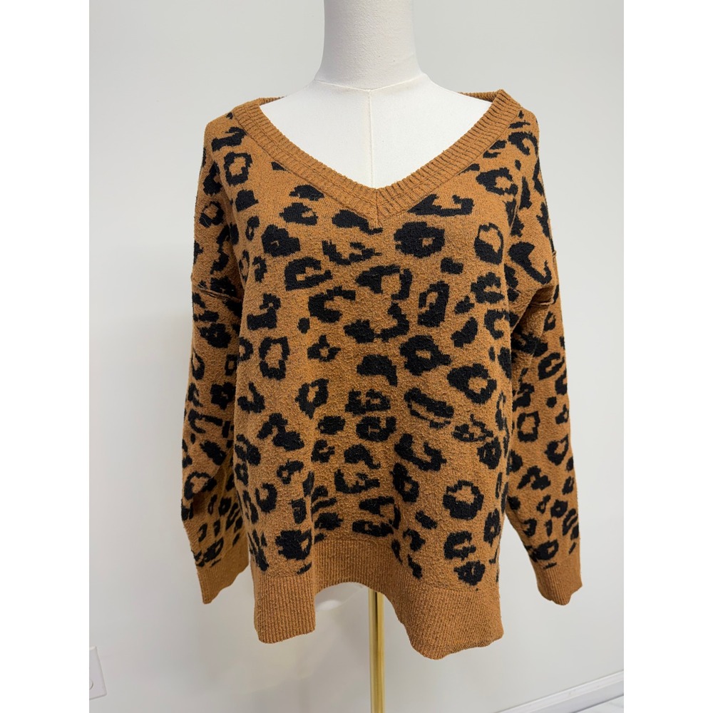 Knox Rose Leopard Print V Neck Sweater Camel Brown Black Animal Print Medium